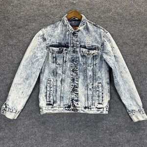 Rolling Paper Denim Jacket Mens Small Blue Acid Wash Distressed Jean Retro